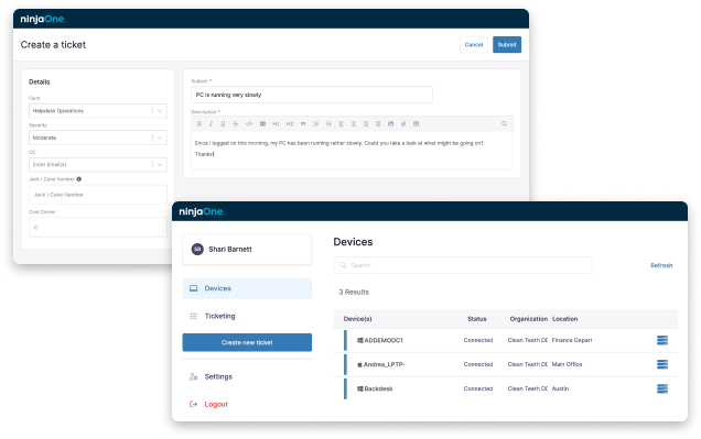 vpn-less-remote-access screenshots of NinjaOne dashboard showing VPN-less remote access