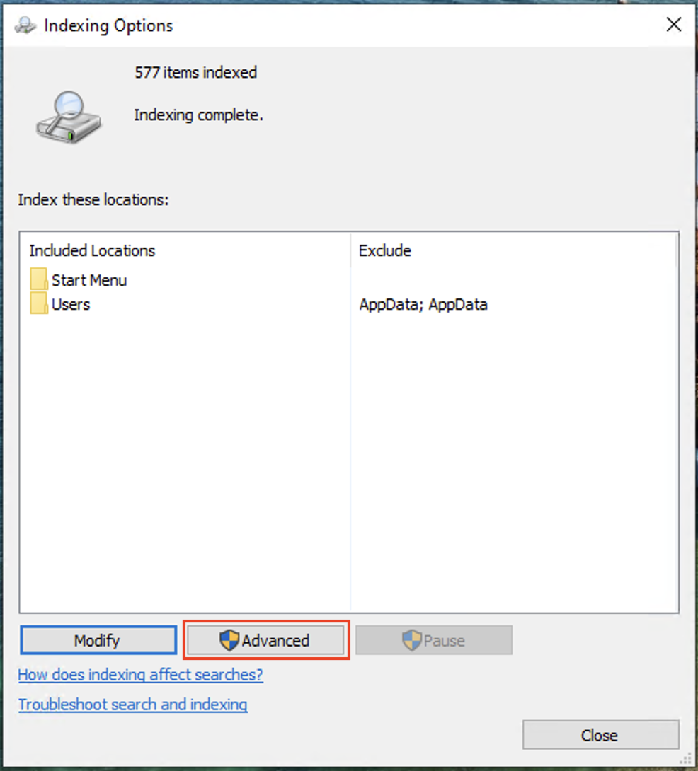 Clicked Advanced button