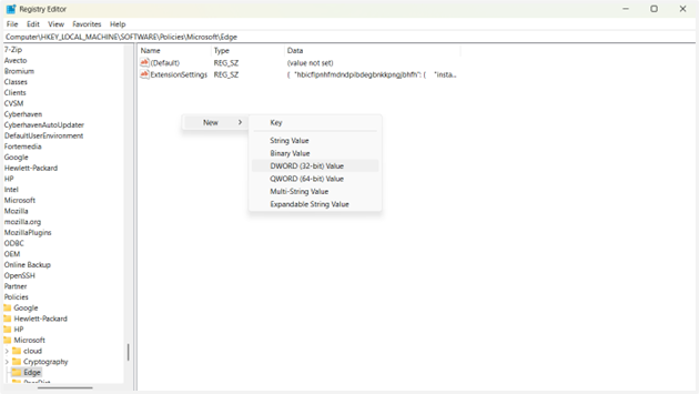 Go to Registry Editor find Edge folder and create New DWORD (32-bit) Value