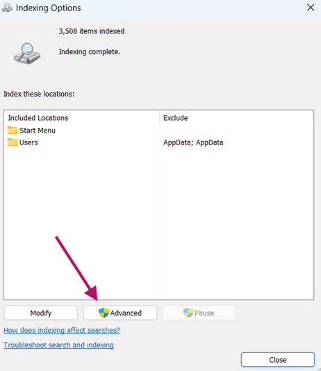 Advanced Indexing Options