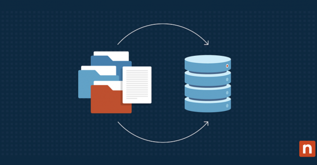Illustration of paper documents and a database representing digital transformation strategy in IT